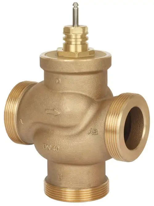 Danfoss 3-Wege-Mischventil aus Messing mit mehreren Anschlussgewinden und einer Steuerungsspitze zur Regelung des Durchflusses.