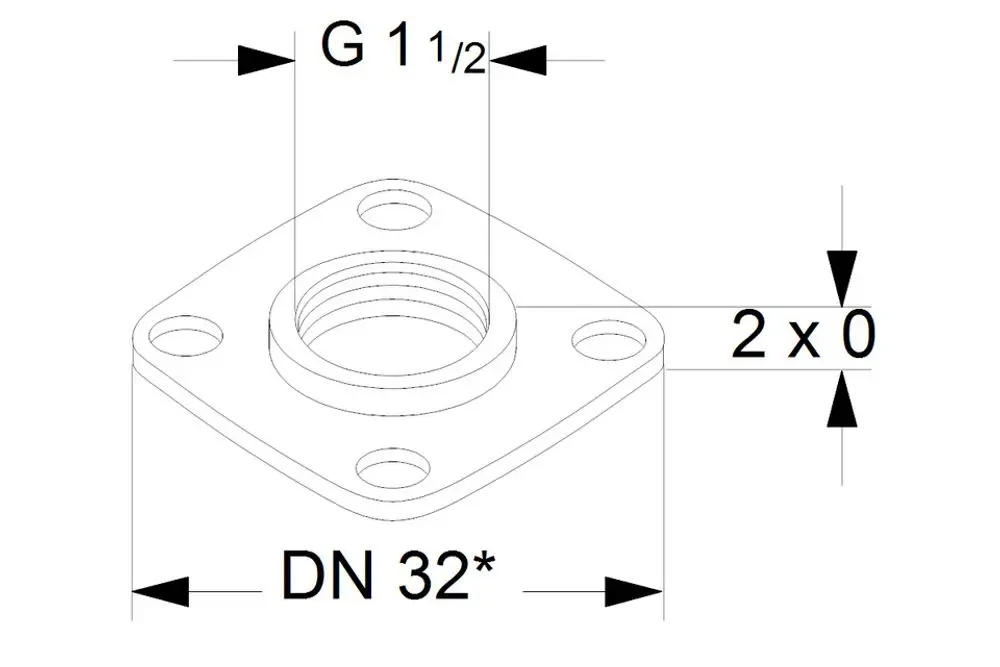 Anschlusselement für Umwälzpumpen von Grundfos, mit quadratischer Fläche und Gewindeanschluss. Sichtbare Bohrungen für die Fixierung.