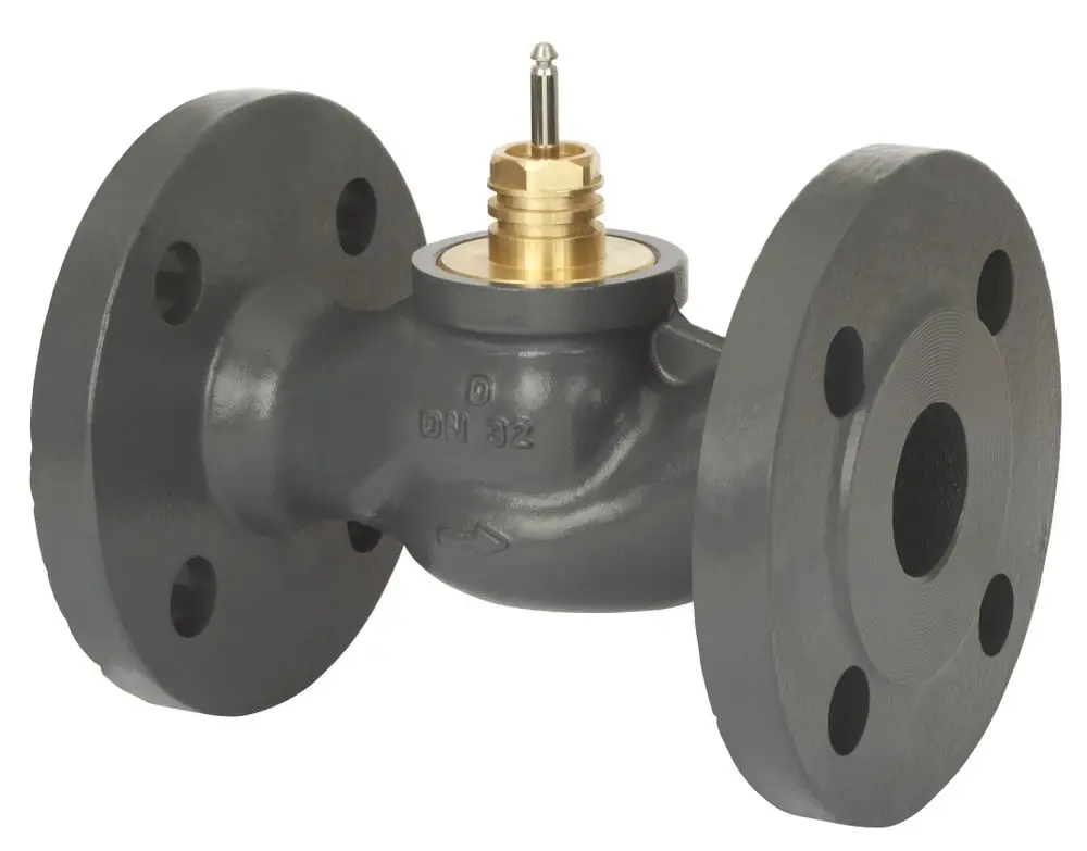 Durchgangsventil aus grauem Material mit zwei Flanschen. Oben befindet sich ein goldenes Ventil. Hersteller ist Danfoss.