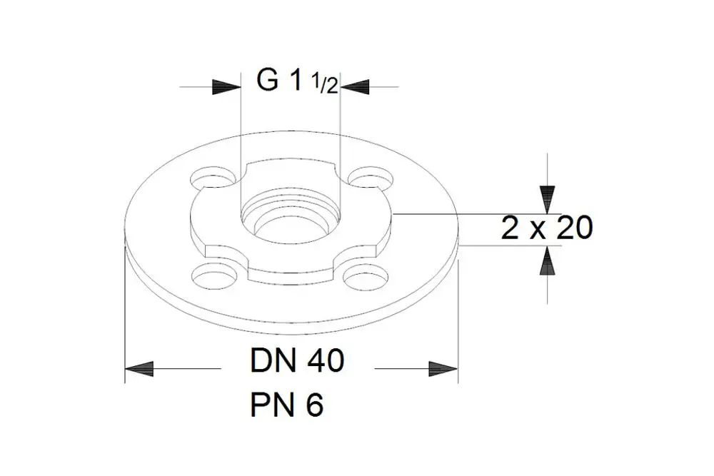 Grundfos Zubehörteil mit runder Flanschform, mittigem Gewinde und mehreren Bohrlöchern zur Befestigung. Zeichnung zeigt Maße und Details zur Montage.