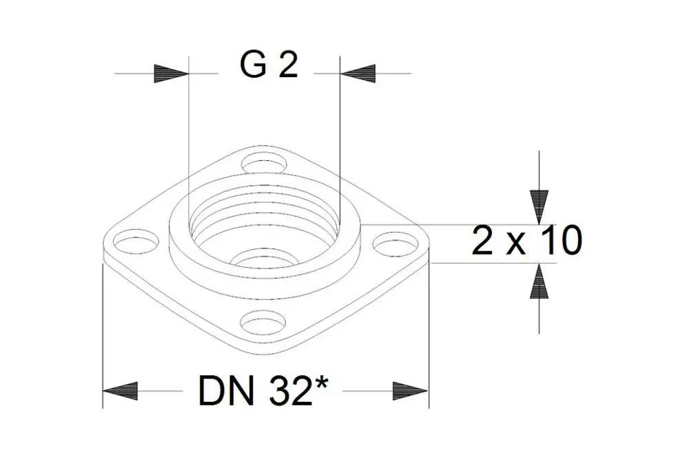 Technische Zeichnung einer Grundfos Ausgleichsstück-Armatur mit Bemaßungen G2, DN32 und 2x10.