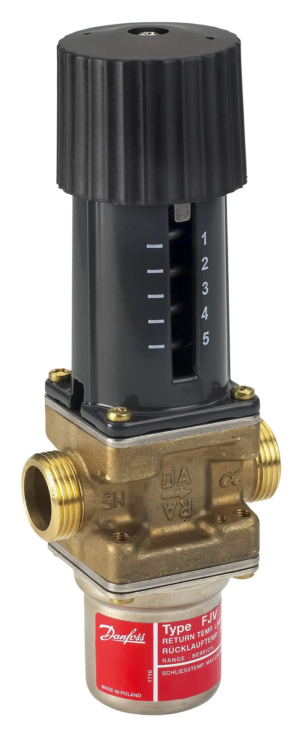 Rücklauftemperaturbegrenzer von Danfoss, mit Druckregler und einem Einstellbereich, geeignet für Rohranschluss und zur Regelung der Rücklauftemperatur.