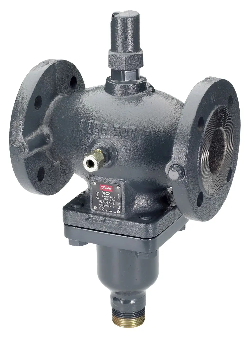 Durchgangsventil aus Gusseisen, hergestellt von Danfoss. Ausgestattet mit Flanschen und verschiedenen Anschlüssen zur Verbindung in Rohrleitungssystemen.