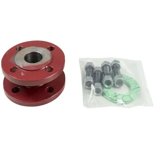 Rotes Ausgleichsstück von Grundfos mit zwei flanschseitigen Öffnungen, dazu eine Packung mit Schrauben und Dichtungen für die Montage.