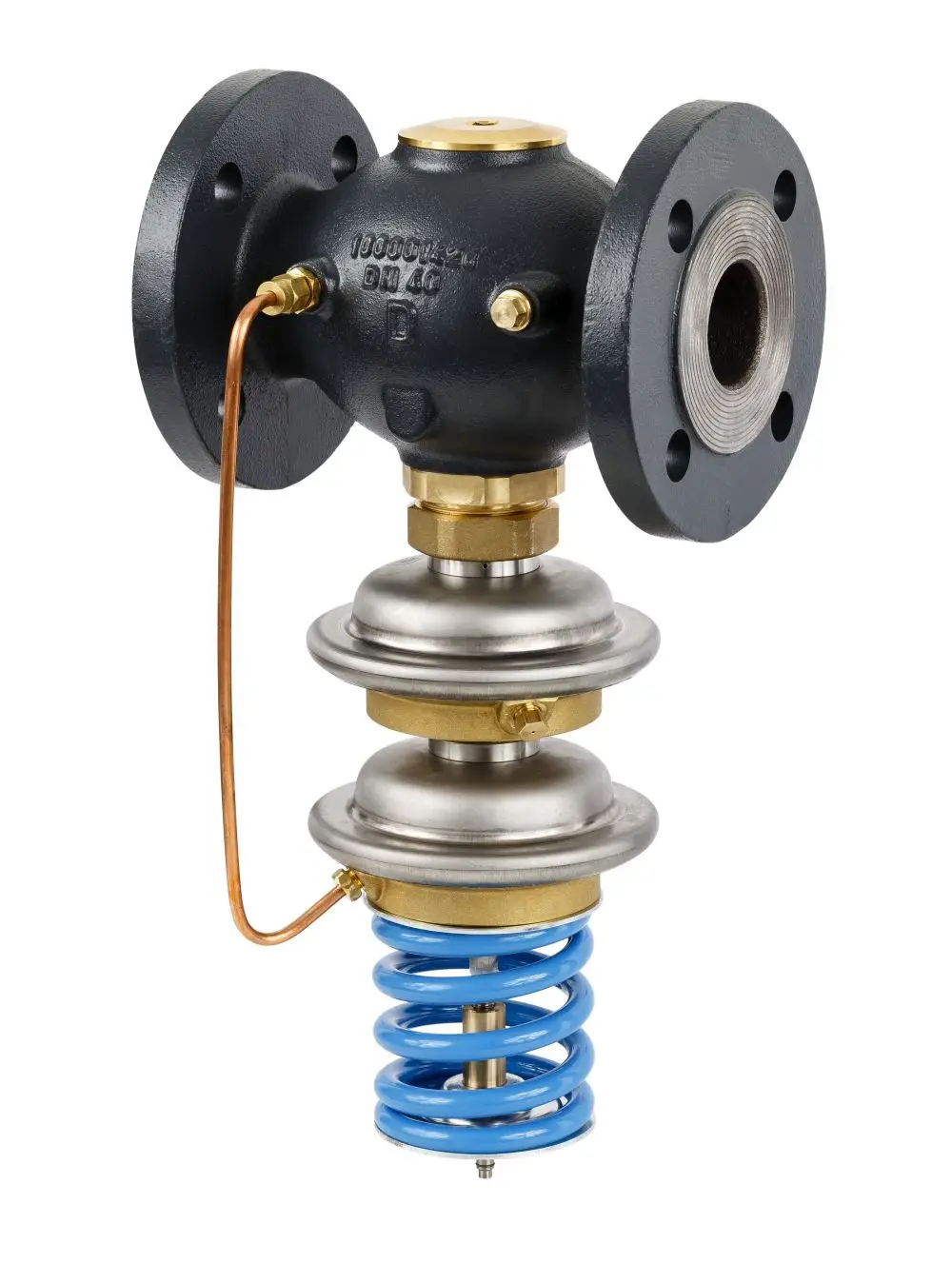 Danfoss Sicherheitsabsperrventil mit Flanschen, Herstellerzeichen und einer blauen Feder, zur Regelung von Druck und Fluss in Rohrleitungssystemen.