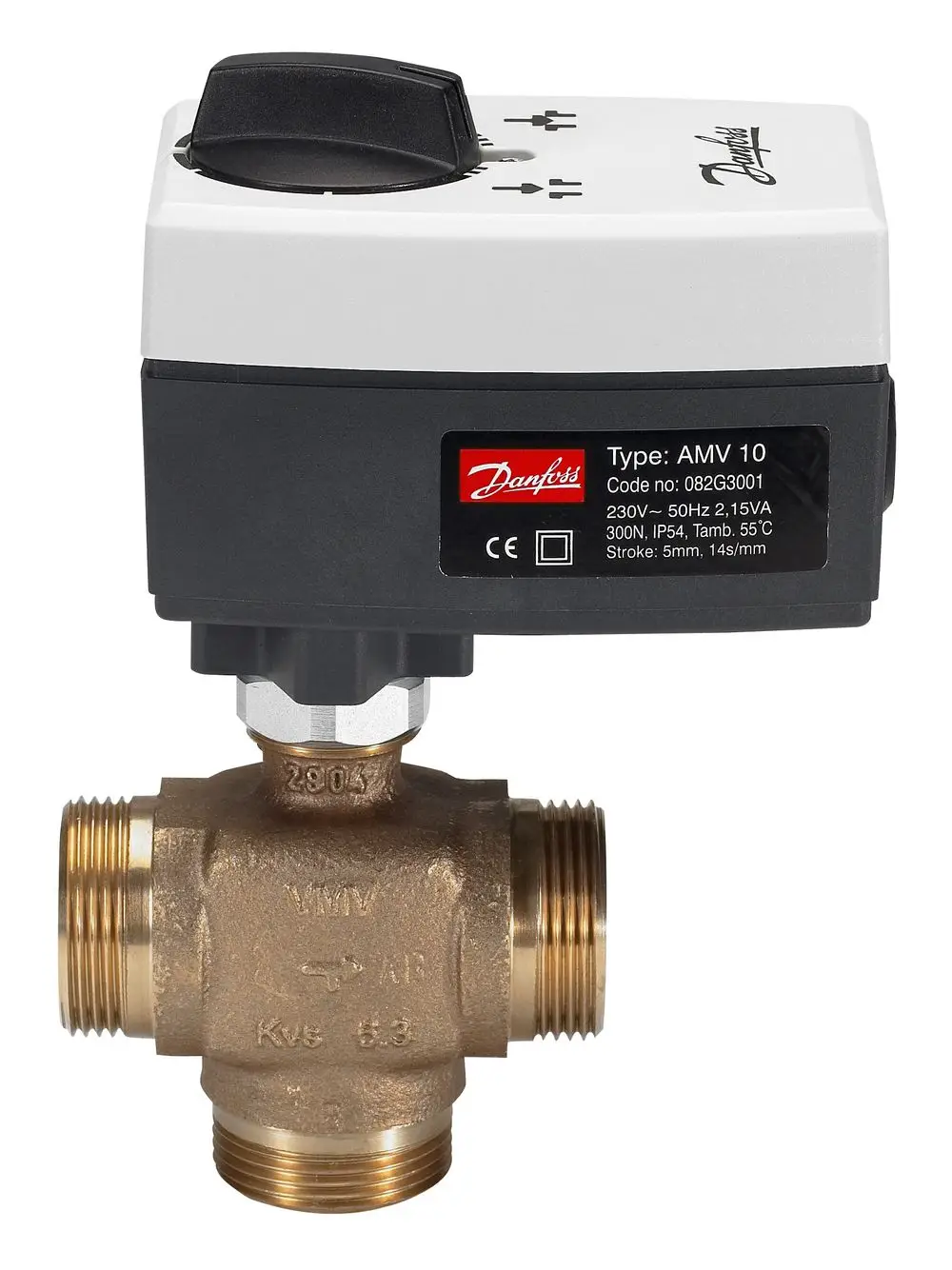 3-Wege-Mischventil von Danfoss mit Anschlussgewinden und einem elektrischen Antrieb, geeignet für Heizungs- oder Kühlanwendungen.
