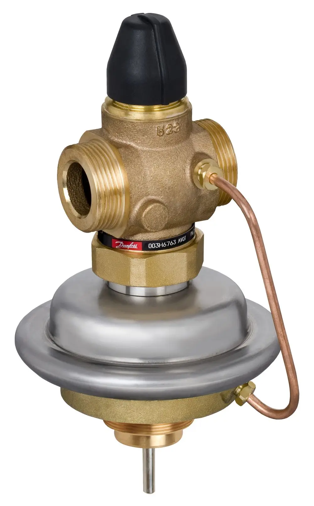 Danfoss Durchflussregler mit einer Metallkonstruktion, zwei Anschlussgewinden und einem Thermostatkopf, geeignet für Rohre und industrielle Anwendungen.