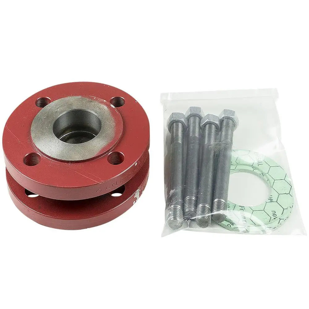 Rot lackiertes Ausgleichsstück mit Metallkern, dazu eine Tüte mit vier Schrauben und einer Dichtung. Geeignet als Zubehör für Grundfos Umwälzpumpen.