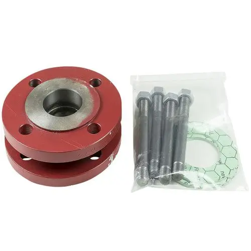 Rot lackiertes Ausgleichsstück mit Metallkern, dazu eine Tüte mit vier Schrauben und einer Dichtung. Geeignet als Zubehör für Grundfos Umwälzpumpen.