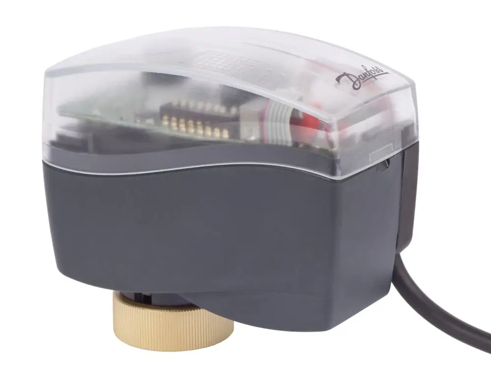 Danfoss Stellantrieb mit transparentem Gehäuse und goldenem Einstellknopf, zur Regelung von Heizungsanlagen, Anschlusskabel vorhanden.