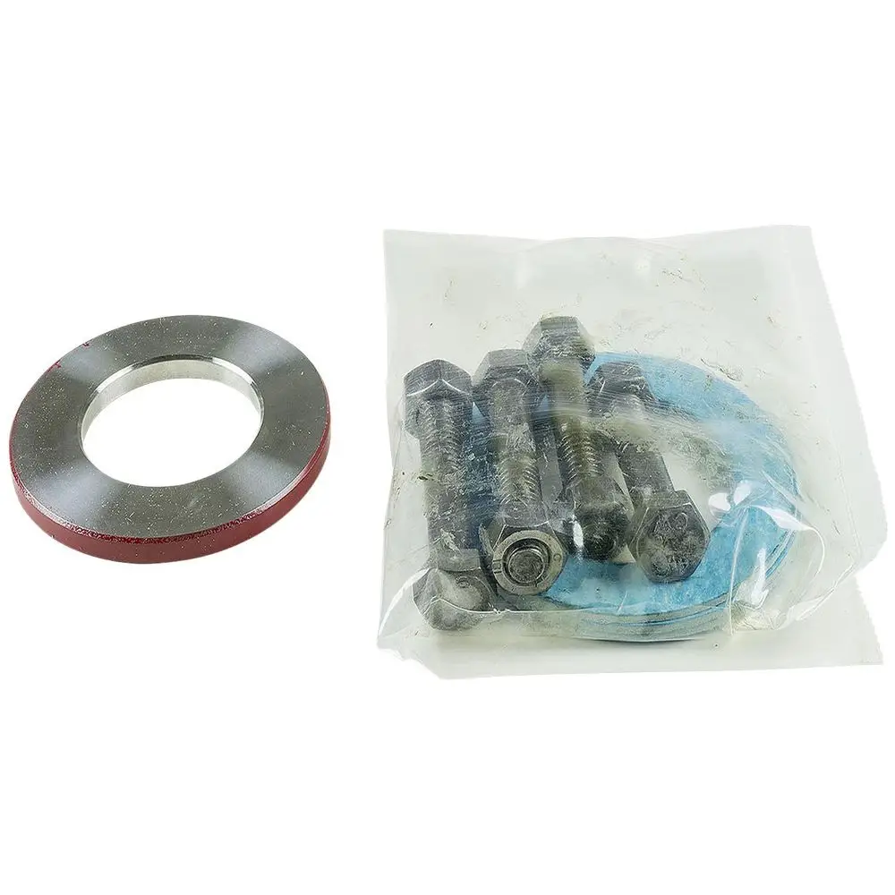 Grundfos Zubehör für Umwälzpumpen, bestehend aus einem runden Metallstück und einer Packung mit Schrauben sowie einer Blaufolie.