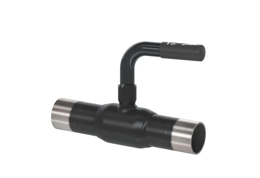 Kugelhahn von Danfoss mit zwei Anschlussrohren, einem seitlichen Abgang und einem Handhebel zur Steuerung des Durchflusses.
