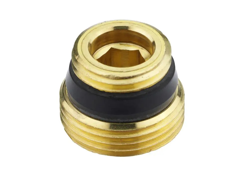 Goldfarbener Adapter mit schwarzem O-Ring, typischerweise verwendet in Heizungsanlagen. Der Artikel ist möglicherweise für Danfoss Ventile geeignet.