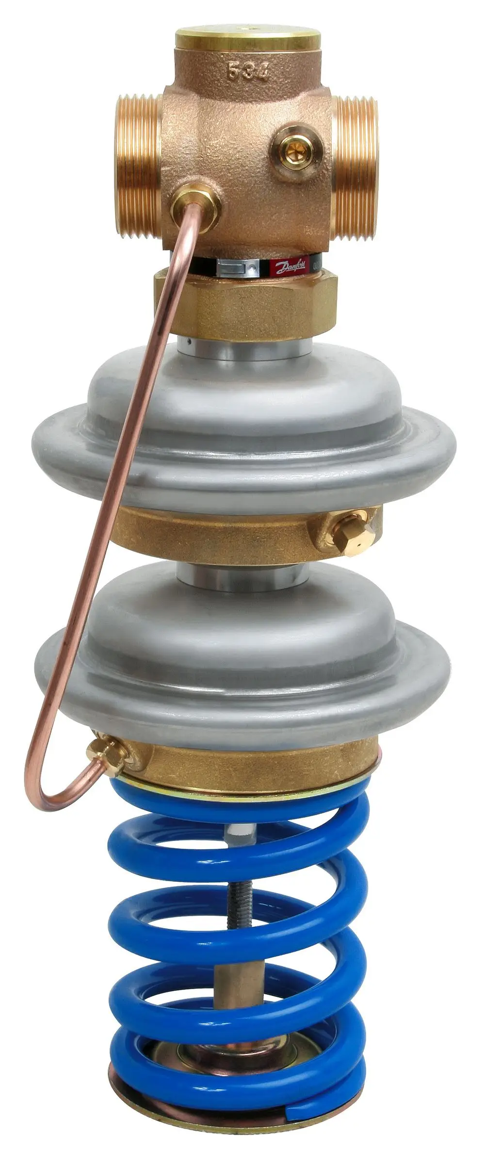 Danfoss Sicherheitsventil mit einer blauen Feder, copper und silbernen Komponenten. Es zeigt eine robuste Bauweise für die Regelung von Druck in Rohrleitungssystemen.