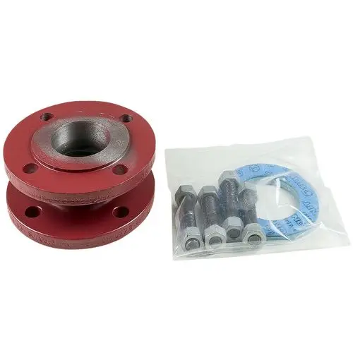 Zwei rote Flanschteile von Grundfos, die für Umwälzpumpen verwendet werden können, zusammen mit einer Packung Schrauben und Dichtungen zur Befestigung.