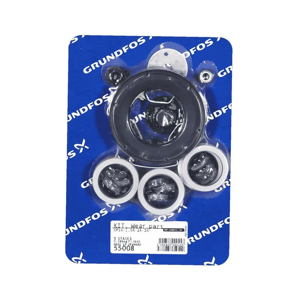 Ersatzteil-Kit von Grundfos mit mehreren Dichtungen und Verschleißteilen, verpackt auf einer Blisterkarte. Ideal für Wartungs- und Reparaturarbeiten.
