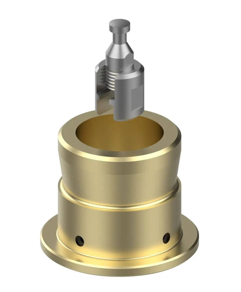 Danfoss Adapter mit einer zentralen, silbernen Ventilkomponente in einem goldenen Gehäuse, geeignet für verschiedene Ventilserien.