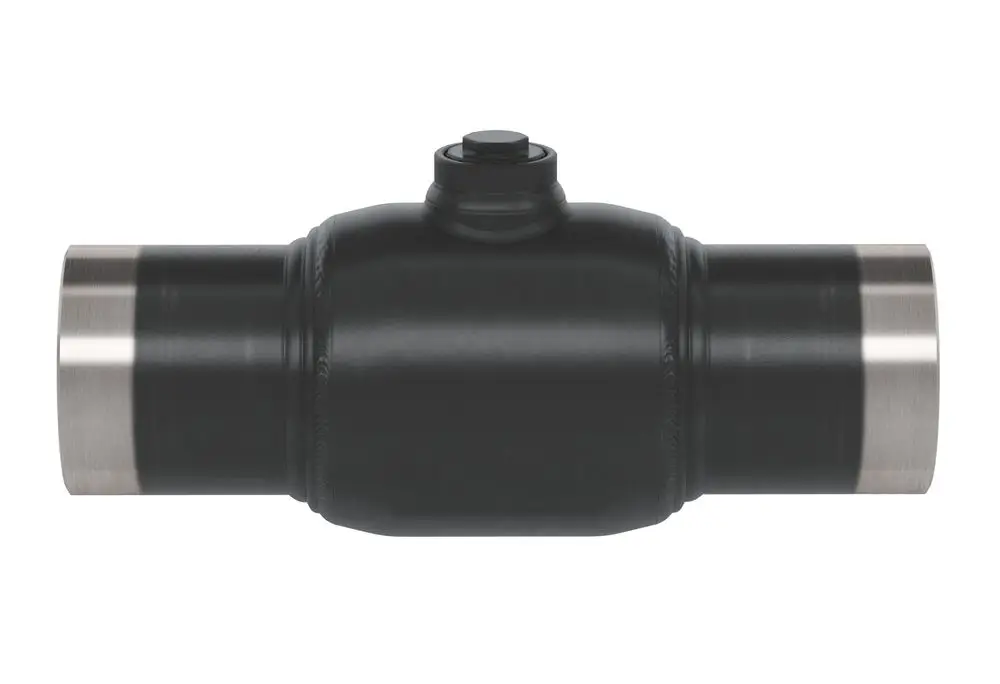 Danfoss Kugelhahn aus schwarzem Metall mit zwei Anschlussenden, einem zentralen Handrad und einem robusten Design für Rohrsysteme.