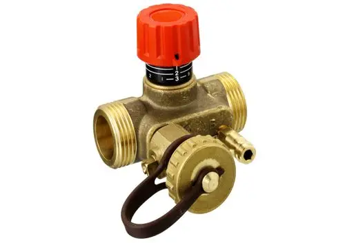 Messventil mit rotem Einstellknopf und seitlichem Anschluss. Hersteller: Danfoss. Zeigt Markierungen zur Regelung an. Gewindeanschlüsse für Installation.