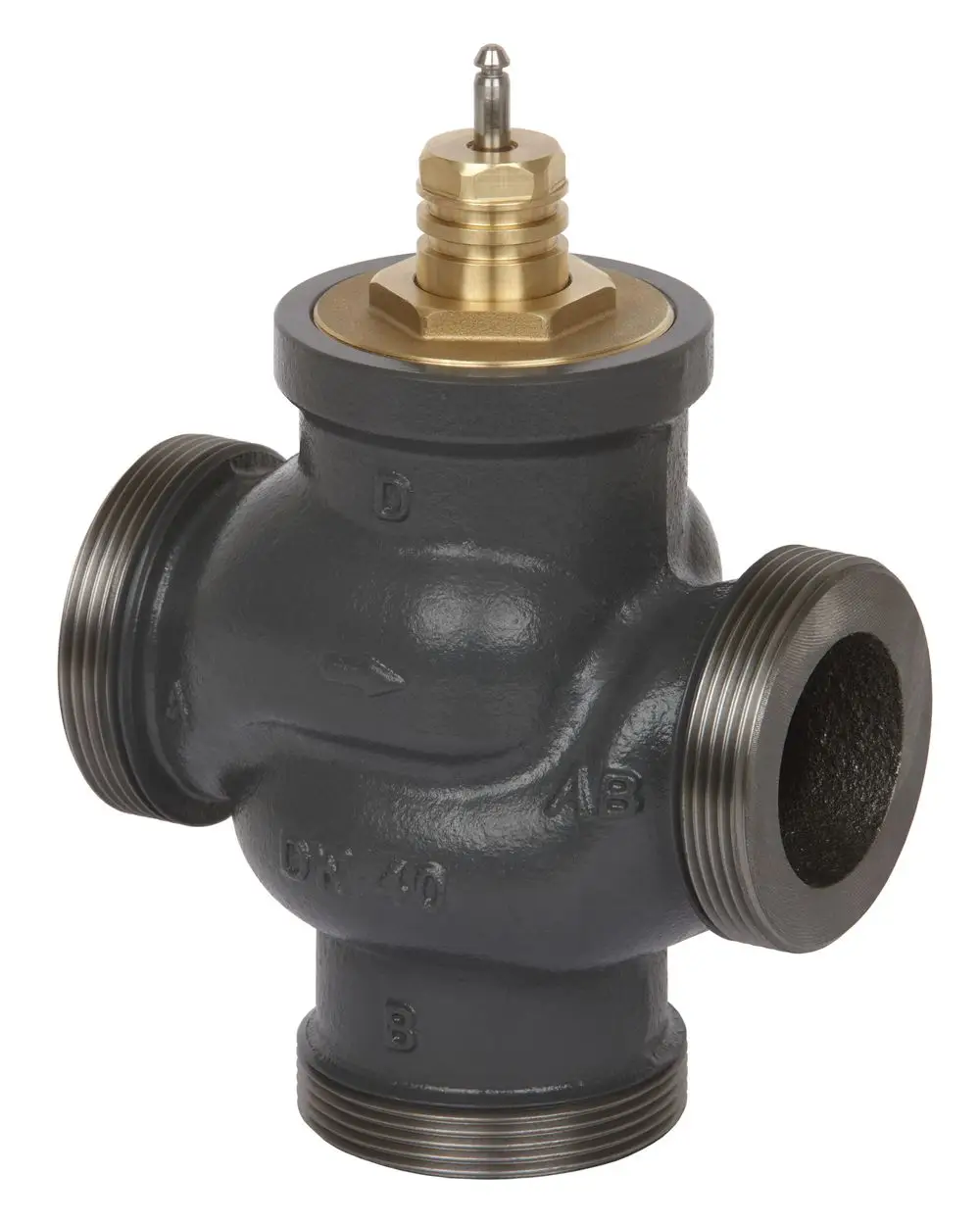 3-Wege-Mischventil von Danfoss mit drei Anschlussmöglichkeiten und einem zentralen Einstellmechanismus, geeignet für die Regelung von Strömungen in Heizungsanlagen.