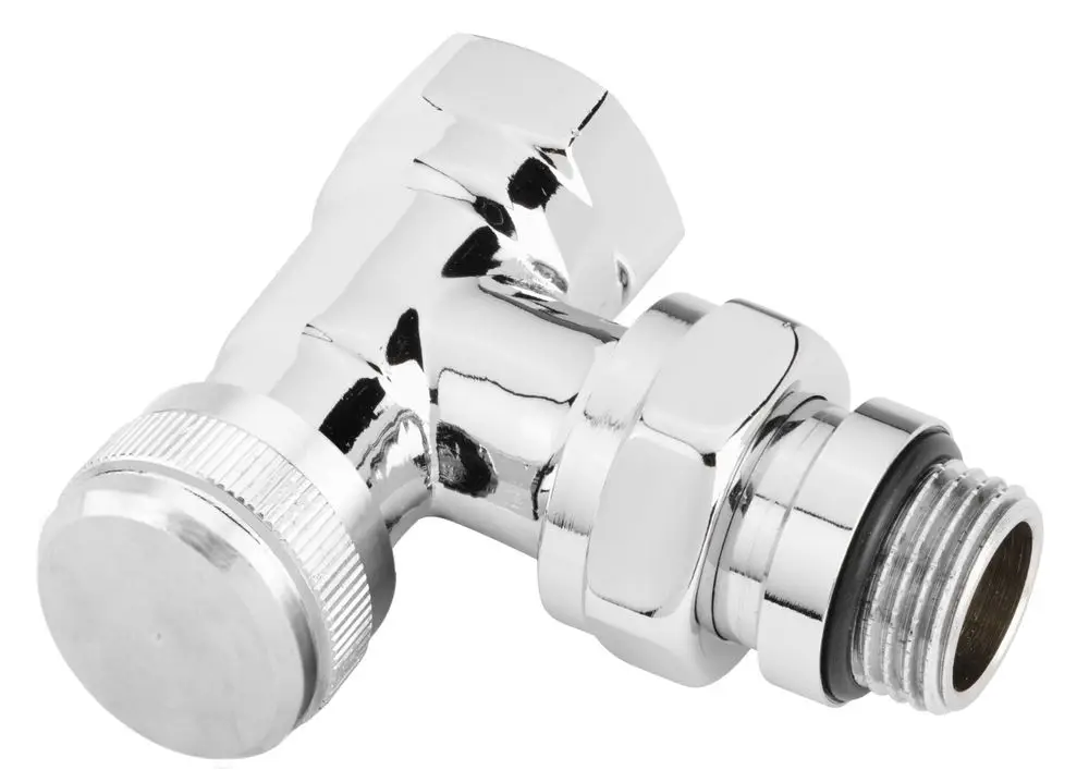 Verchromte Eckverbindung mit Gewindeanschluss, geeignet für Heizungsanlagen. Produkt von Danfoss zur Verbindung von Rohrleitungen.