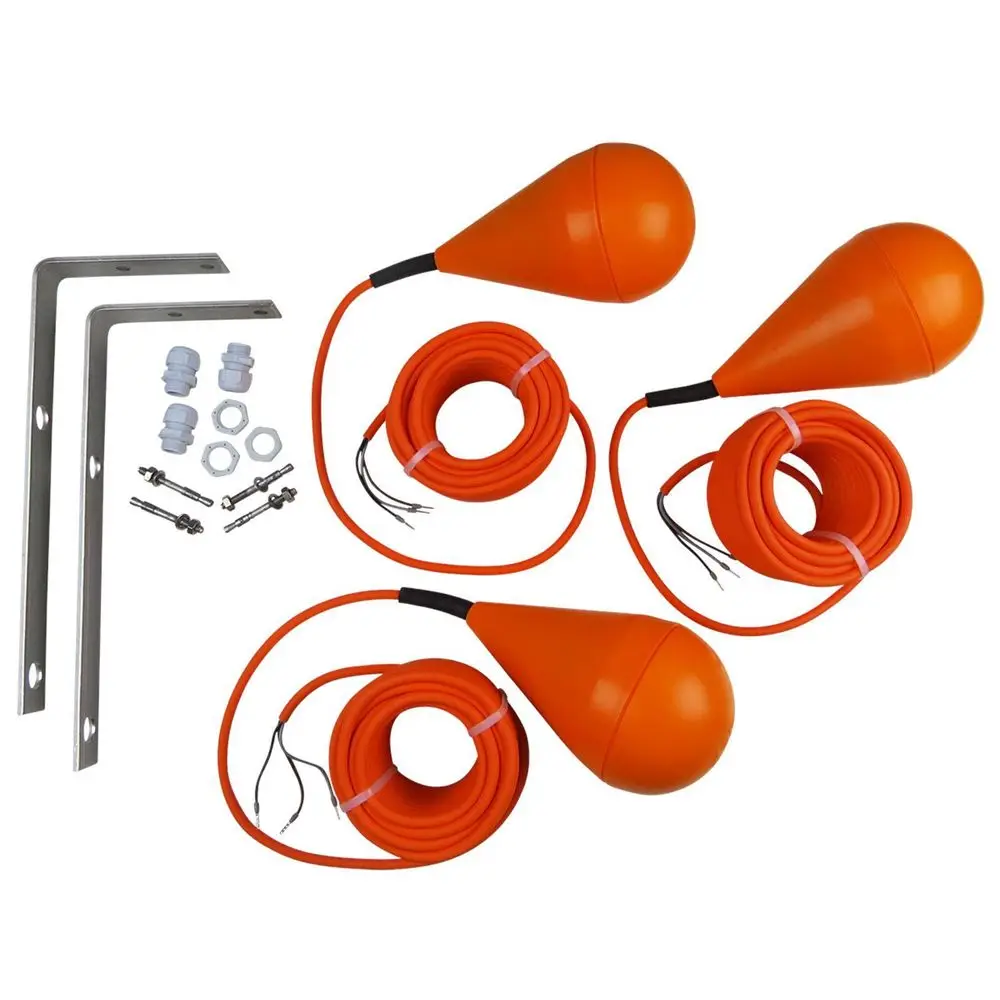 Set bestehend aus drei orangefarbenen Schwimmerschaltern mit Kabel und Montagematerial, geeignet für Grundfos Schmutz- und Abwasserpumpen.