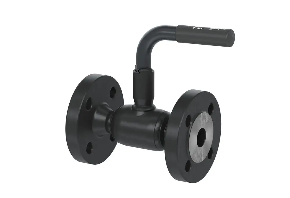 Kugelhahn mit flanschseitigen Verbindungen, ein Hebel zur Betätigung und konstruiert für hohe Druckverhältnisse. Teil der Danfoss Produktlinie für zuverlässige Armaturen.