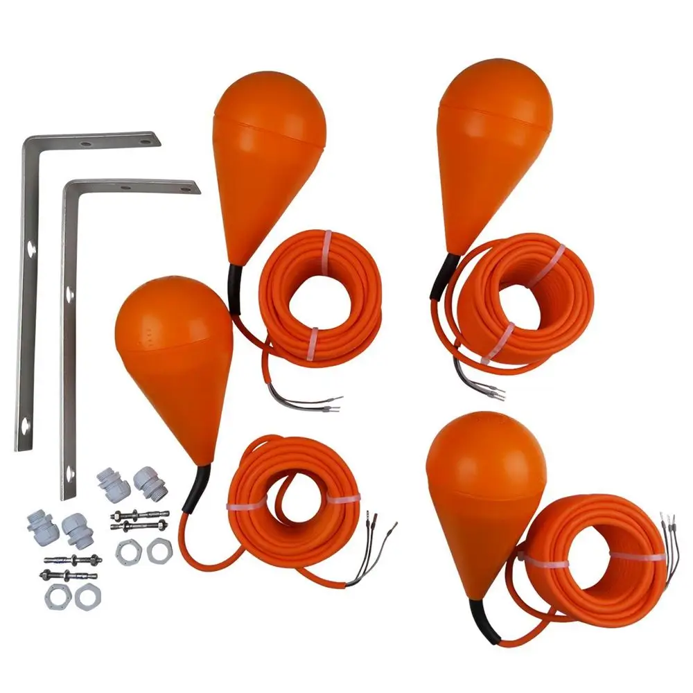 Orangefarbene Abwasserschwimmerschalter von Grundfos in unterschiedlicher Anzahl, inklusive Kabel, Befestigungsteilen und Zubehör. Dessen Verwendung ist für Schmutz- und Abwasserpumpen vorgesehen.