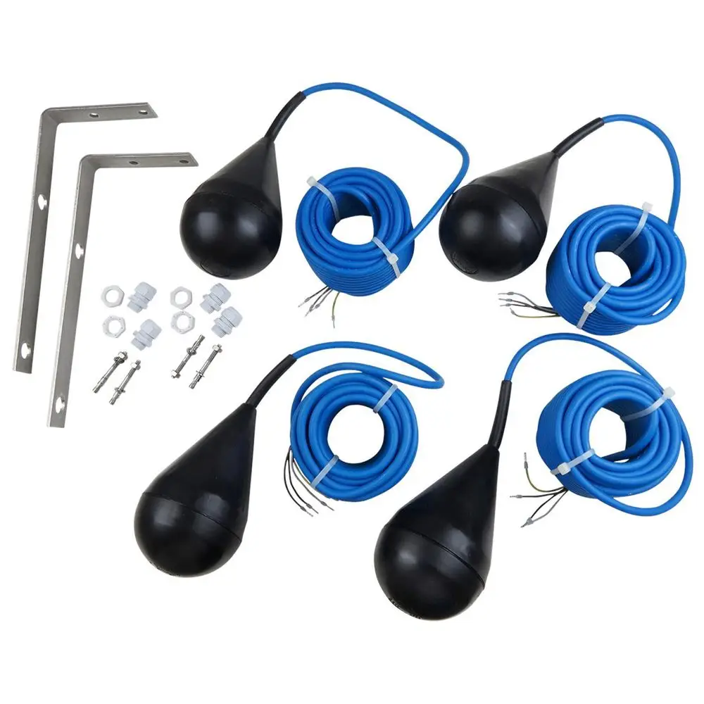 Set mit vier Grundfos-Schwimmerschaltern, schwarzen Schwimmern und blauen Kabeln, inklusive Montagematerial wie Halterungen und Schrauben.