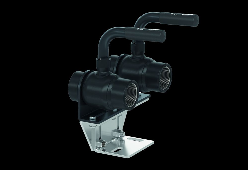Kugelhahn mit zwei Griffen und Metallbasis, hergestellt von Danfoss. Ausführung mit Innengewinde für Schraubverbindungen, geeignet für Hochdruckanwendungen.