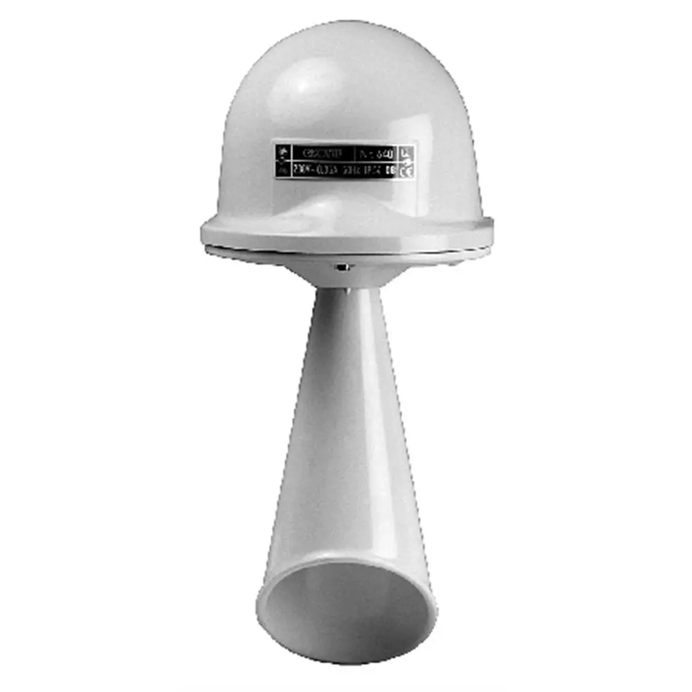Signalhorn von Grundfos für den Einsatz im Außenbereich, ausgestattet mit einem konischen Trichter und einem oberen Gehäuse, geeignet für Schmutz- und Abwasserpumpen.