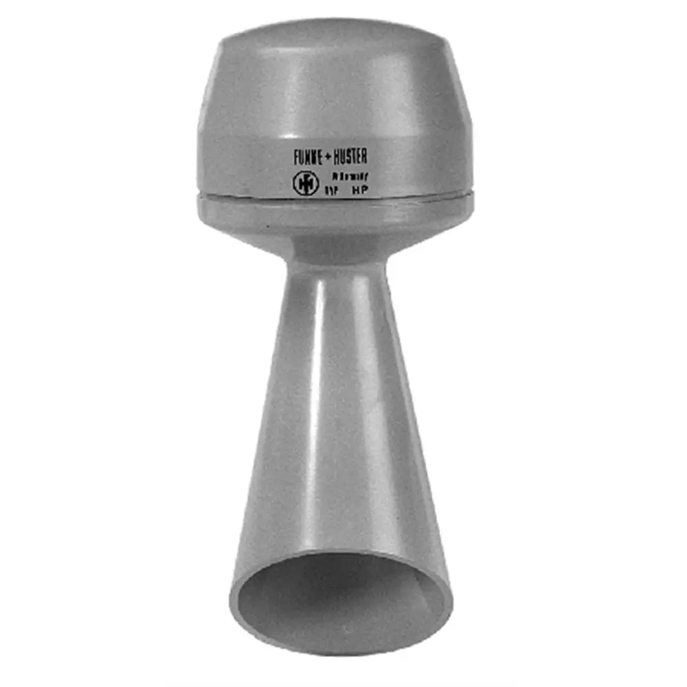 Silbernes Signalhorn von Grundfos mit konischem Design, geeignet für den Einsatz in Innenanlagen. Das obere Teil ist rund, der untere Bereich ist trichterförmig.