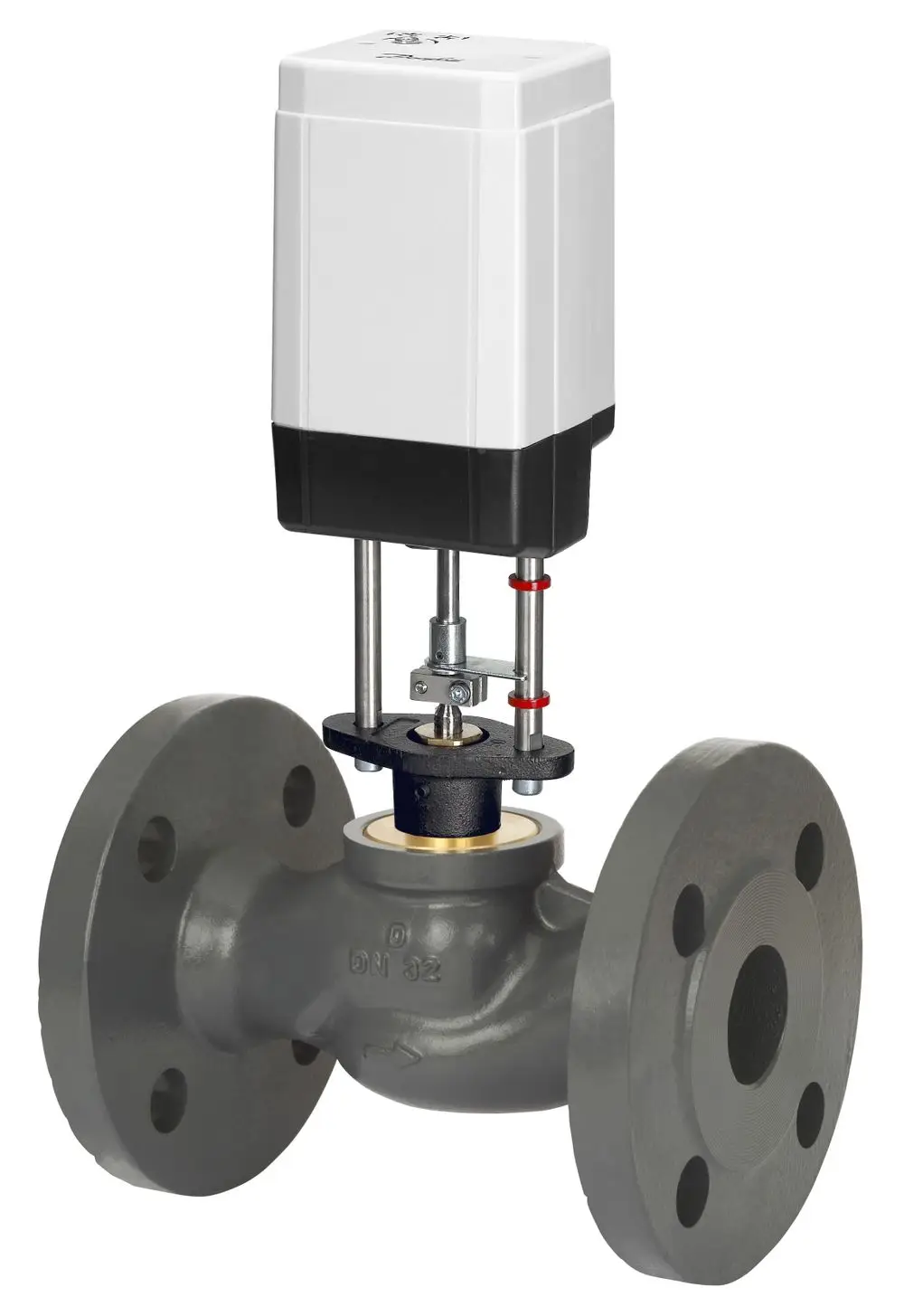 Danfoss Durchgangsventil mit Flanschen, ausgestattet mit einem Antrieb. Das Ventil ist für die Steuerung von Flüssigkeitsströmen in Rohrsystemen konzipiert.