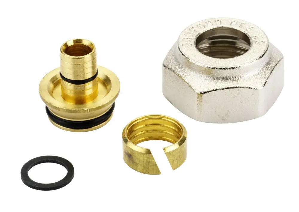 Klemmverbinder aus Messing für Rohrverbindungen, inklusive einer O-Ring-Dichtung, geeignet für Alupex-Rohre. Hersteller: Danfoss.