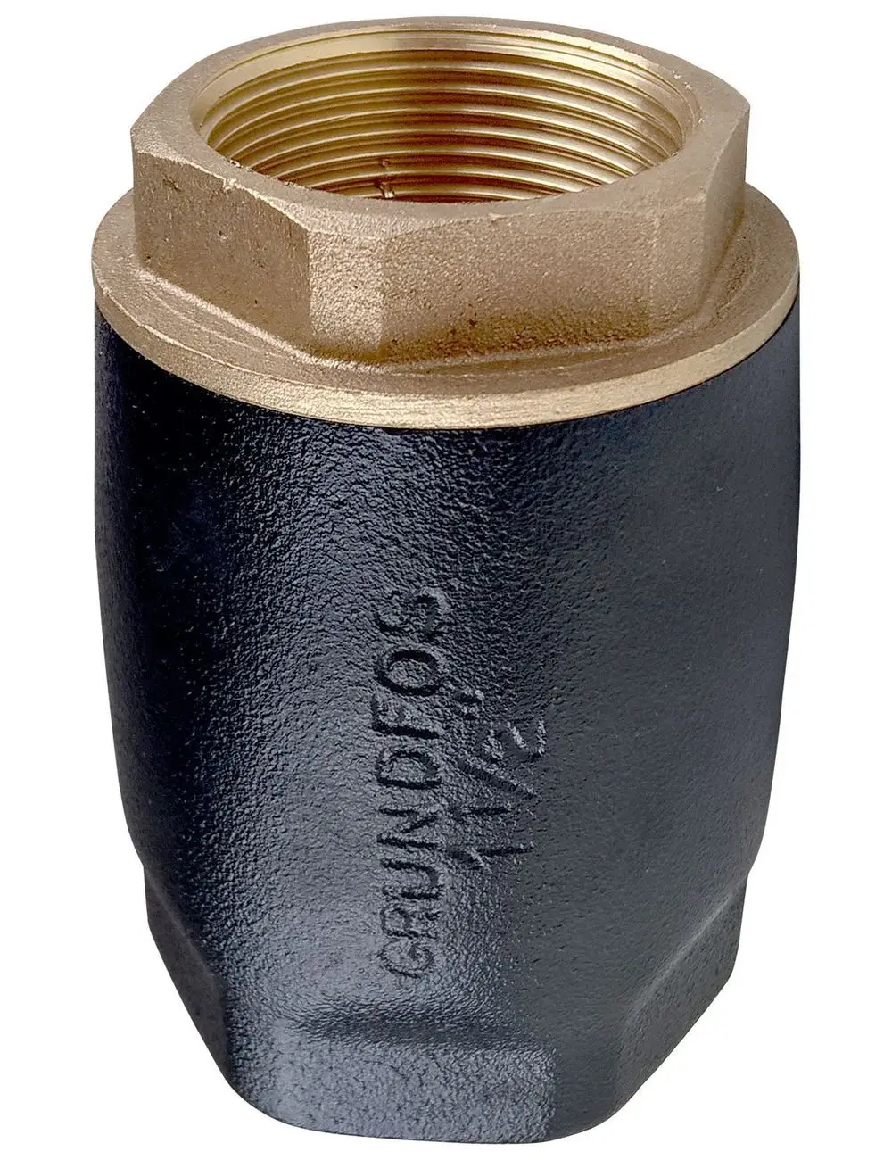 Schwarzes Belüftungsventil mit einer goldenen, genoppten Schraubengewindeöffnung. Marke Grundfos, designed zur Verwendung mit Unterwasserpumpen.