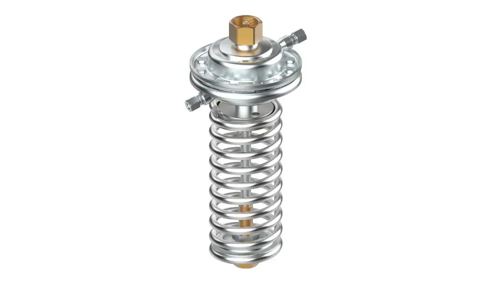 Danfoss-Differenzdruckregler mit rotierender Feder, Anschluss für Druckmessung und einstellbarem Überdruck. Metallische Konstruktion, geeignet für Druckregelungsanwendungen.