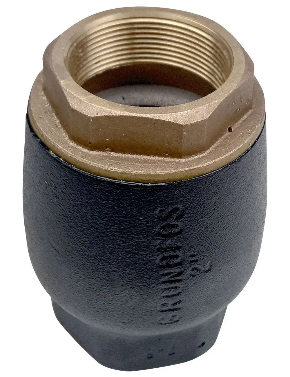Schwarzes Belüftungsventil mit einem bronzenen Gewindeanschluss. Hersteller Grundfos. Teil geeignet für Unterwasserpumpen.