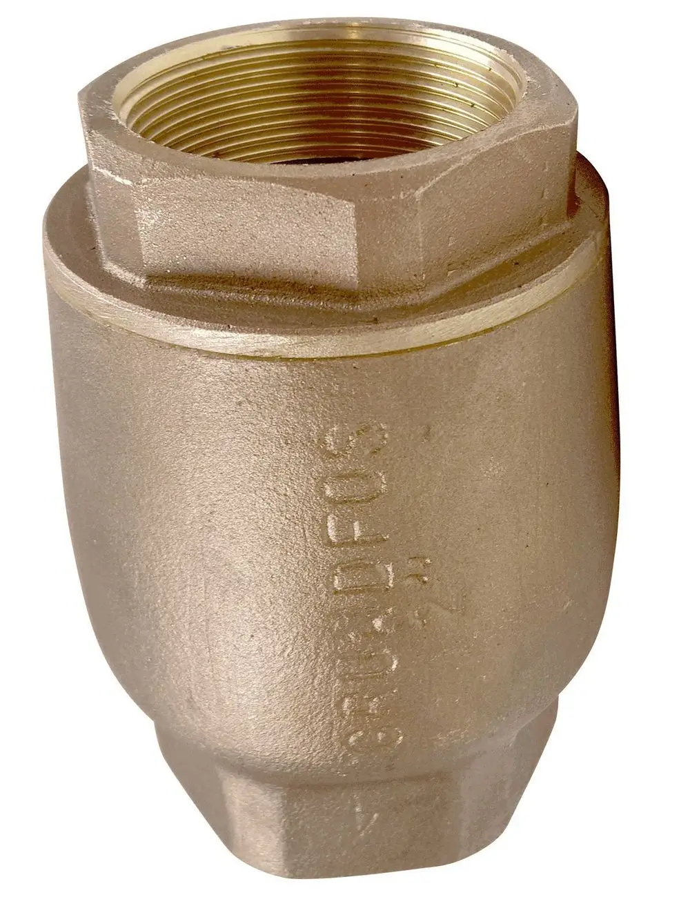 Messingfarbenes Ventil mit Gewinde, geeignet für Druckanwendungen, typischerweise in Wasserpumpen eingesetzt. Hersteller ist Grundfos.