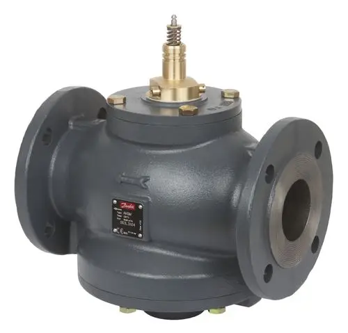 Grauer Volumenstromregler von Danfoss mit Flanschanschlüssen und einem Ventilmechanismus im oberen Bereich zur Durchflussregelung.