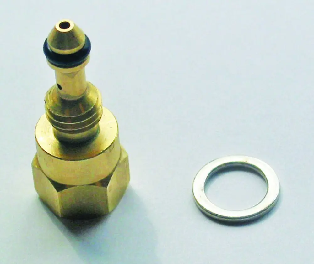 Danfoss justierbare Ausgleichsdüse, vollständig aus Messing, mit Dichtung und glatter Oberfläche, neben einer runden Dichtung aus Metall auf hellem Hintergrund.