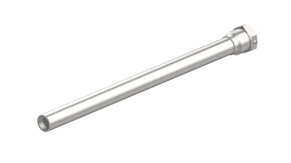 Edelstahl-Tauchhülse mit Anschlüssen, geeignet für Danfoss Ventile VFG2, VFGS2 und VFG3. Eindeutige Form und Verarbeitung erkennbar.