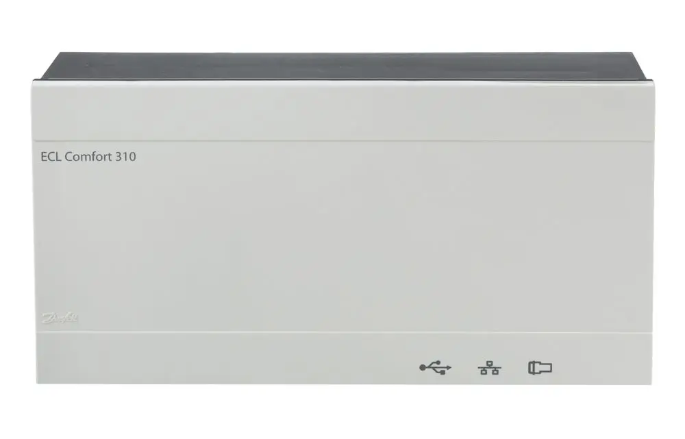 Danfoss ECL Comfort 310B, elektronischer Regler in weißer Ausführung, mit Anschlussmöglichkeiten für USB und weiteren Schnittstellen.