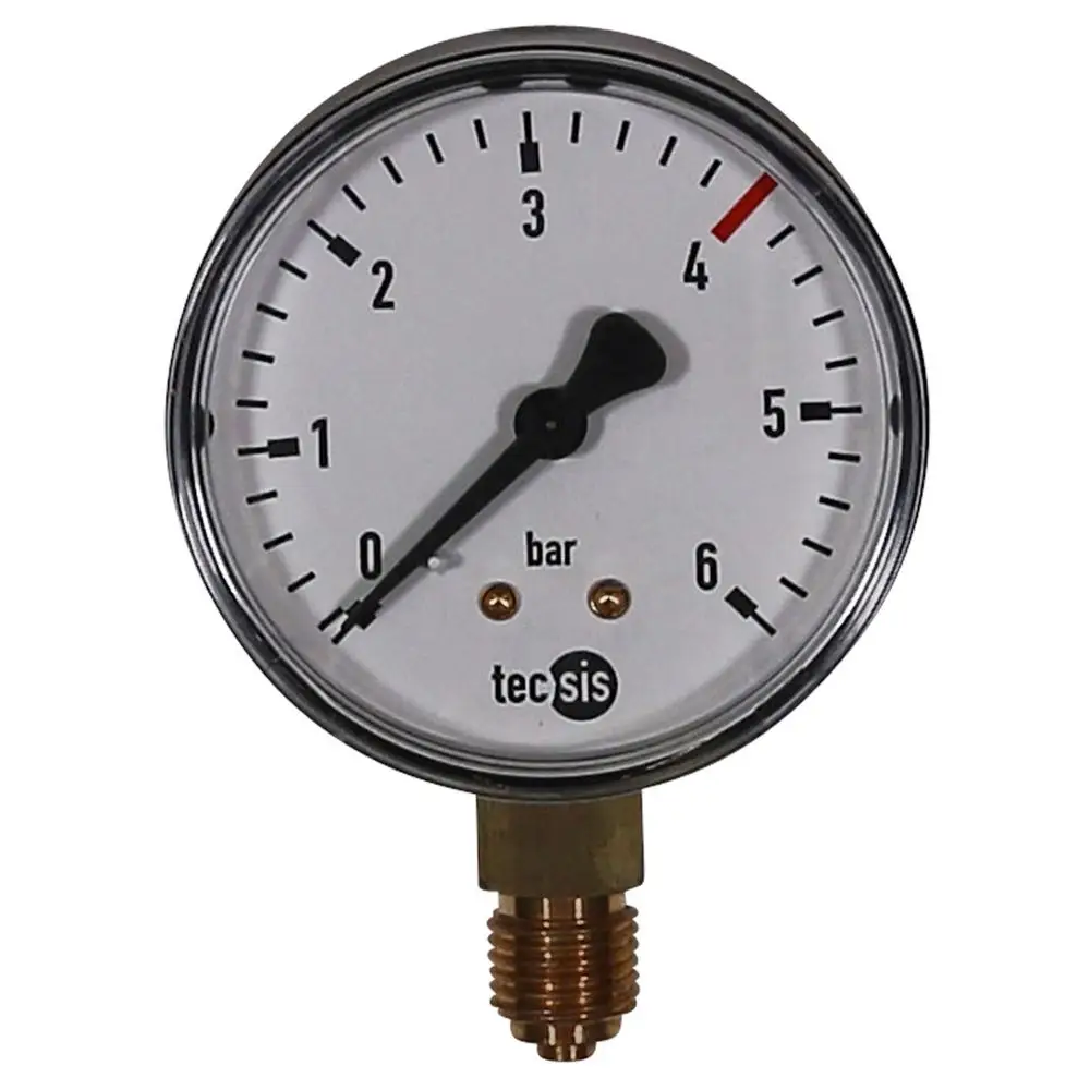 Manometer mit einem weißen Ziffernblatt und schwarzem Zeiger. Skala von 0 bis 6 bar, mit einer Markierung bei 4 bar. Montiert auf einem Messinganschluss. Marke: Grundfos.