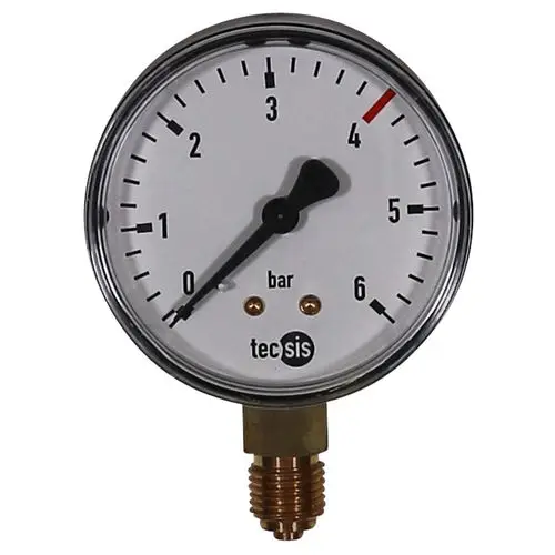 Manometer mit einem weißen Ziffernblatt und schwarzem Zeiger. Skala von 0 bis 6 bar, mit einer Markierung bei 4 bar. Montiert auf einem Messinganschluss. Marke: Grundfos.