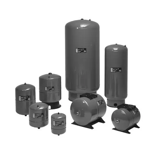 Vielfältige graue Druckkessel von Grundfos in unterschiedlichen Größen, geeignet für den Einsatz mit Unterwasserpumpen, auf einem neutralen Hintergrund.