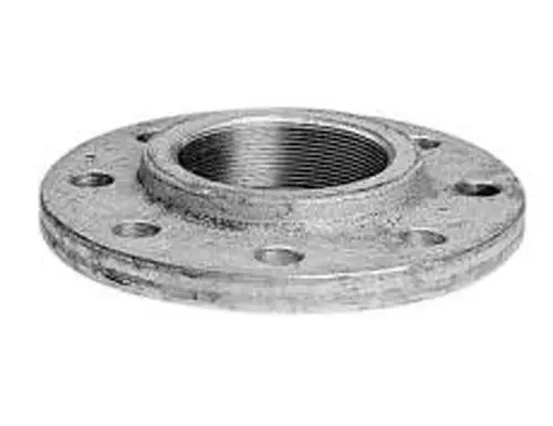 Gewindeflansch aus Metall, geeignet für den Anschluss an Abwasser- oder Schmutzwasserpumpen von Grundfos, mit mehreren Befestigungslöchern und Innengewinde.