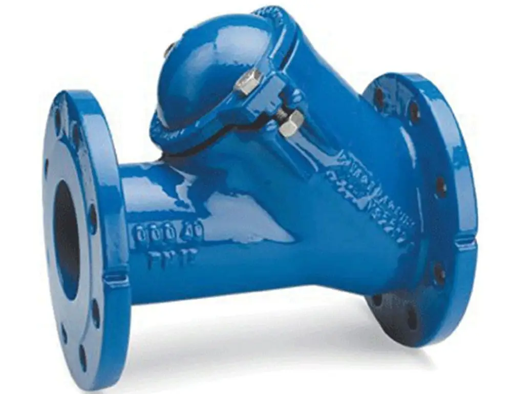 Blaues Rückschlagventil von Grundfos mit Flanschen für die Verbindung, geeignet für Schmutz- und Abwasserpumpen. Design ermöglicht eine einfache Installation und Wartung.
