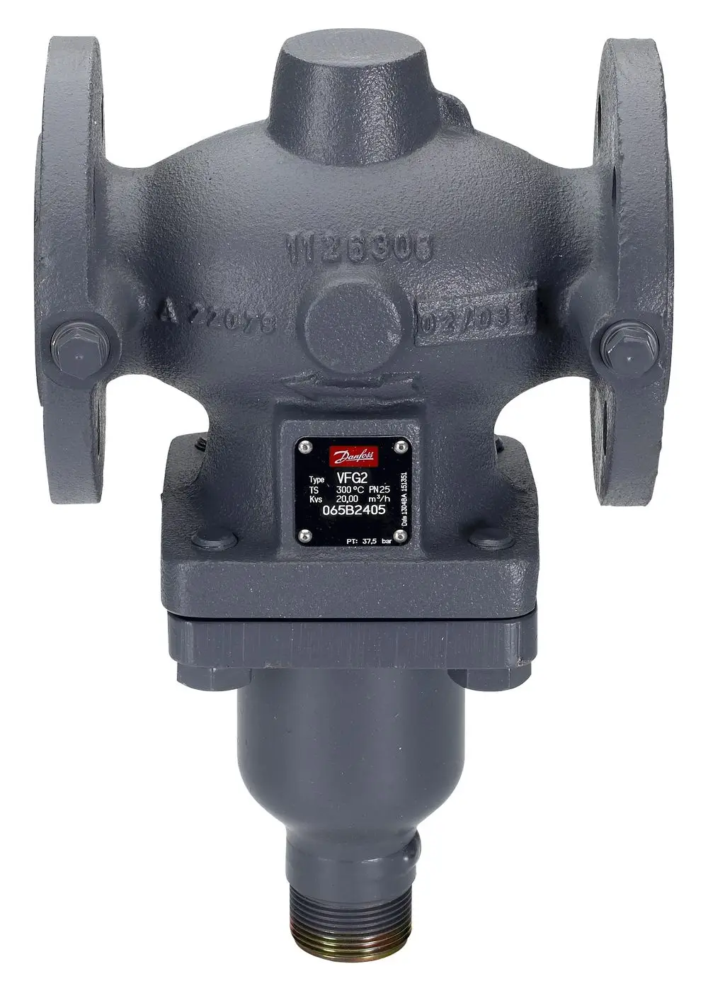 Graues Durchgangsventil von Danfoss mit Flanschen, einem montierten Typenschild und einem Anschluss unten. Das Gehärtete Material ist gut sichtbar.