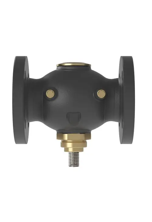 Durchgangsventil von Danfoss mit zwei Flanschen, einem zentralen Anschluss und einem kugelartigen Gehäuse, das an der Unterseite einen Gewindeanschluss aufweist.