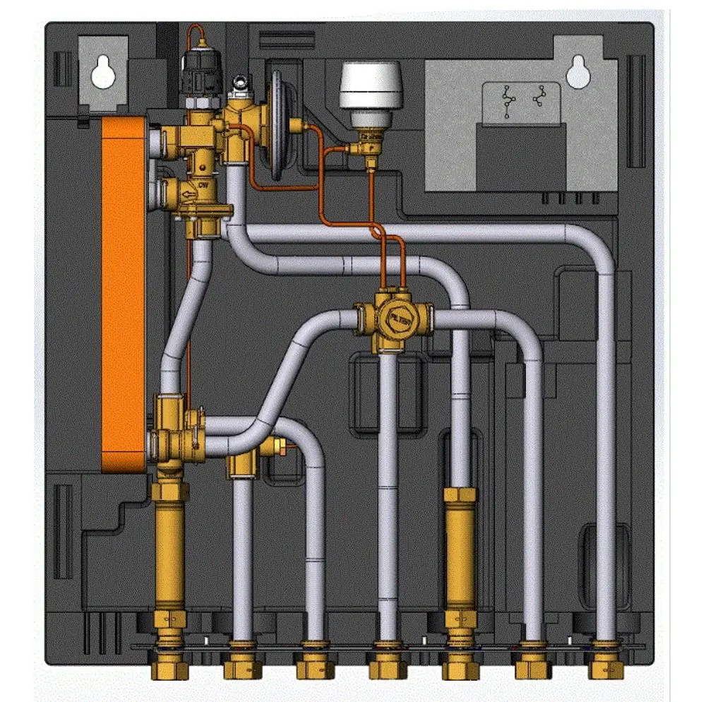 Wärmestation mit Rohrleitungsnetz und Anschlussventilen, hergestellt von Danfoss. Enthält verschiedene Elemente zur Regelung und Verteilung von Heizwasser.
